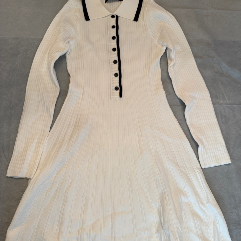 Girls Elegant White Ribbed Dress with Black Accents